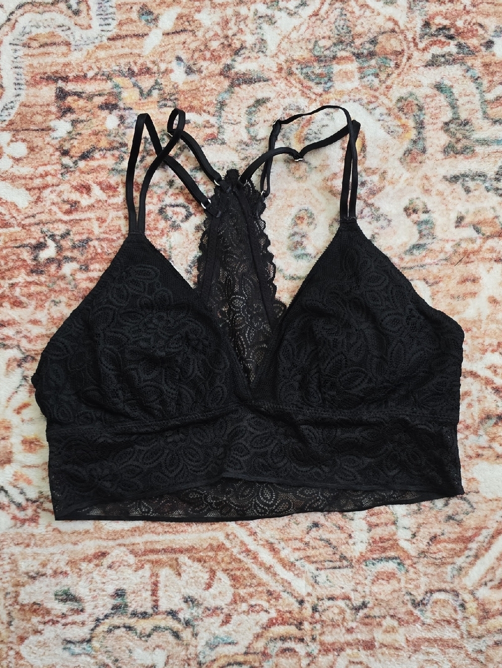 aerie Black Lace V-Neck Padded Bralette with Racerback Straps Med